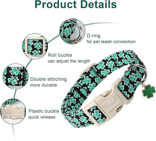 St Patricks Day Dog Collar for Small Dogs - Green Lucky Shamrock Boy Dog Collars, Irish Clover Pattern Black Male Puppy Collar with Quick Release Buckle XS