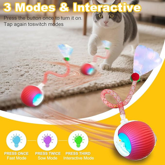 3-Pack Interactive Cat Toys Ball for indoor Cats&Dog,Automatic Cat Toy with Smart Obstacle Avoidance Ball with Elastic Mesh Tail,8 Cat Spiral Spring,Cat Enrichment Toys for Indoor Cats(RedYellowBlue)