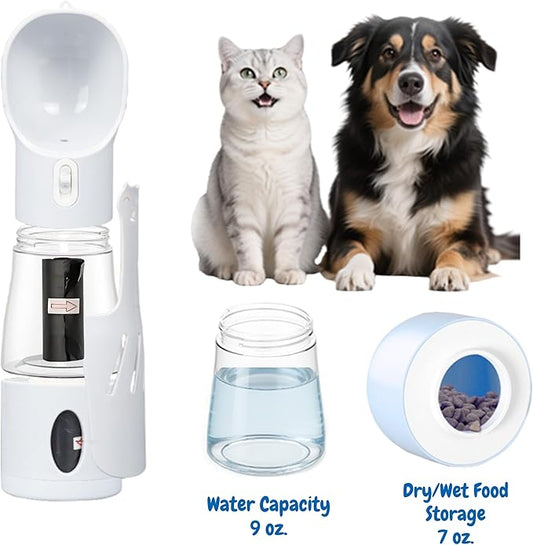 All-in-One Portable Dog Water Bottle, Food Dispenser, Poop Bag Dispenser, Dry/Wet Food Container 7 oz., Travel Water Bottle 9oz., 2 Poop Bags Included, Food Grade Plastic, Leak Proof-Grey Color