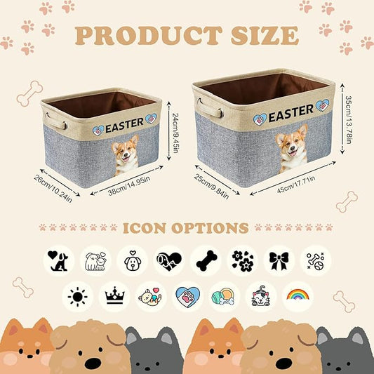 Personalized Dog Toy Storage Basket Custom Collapsible Toy Bin with Pet's Name and Photo-Rectangular Storage Organizer for Dog' Toys Clothing Blankets
