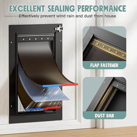 All Aluminum Cat Door Interior Door Black 3 Flaps, For Exterior door Small Cat Dog Doggy Doggie Door, Heavy Duty Pet Door, Insulation Flap, Telescoping Tunnel, Sliding Closing Panel (Pets Up to 22lbs)