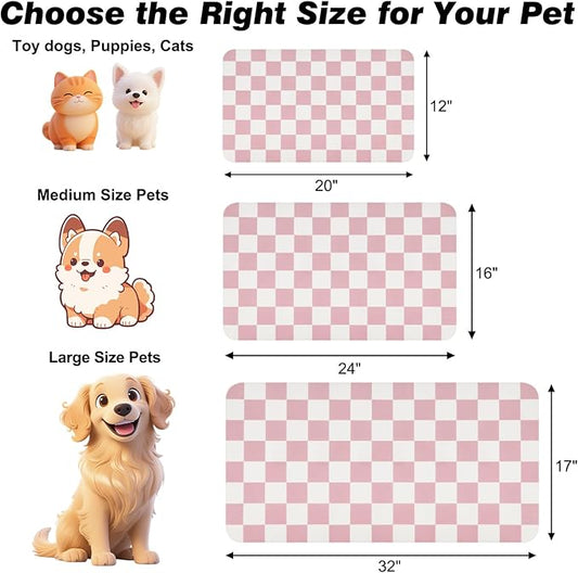 Checkered Dog Food Mat, Absorbent Leak-Proof Pet Feeding Mat, Quick Dry Cat Food Mat for Messy Drinkers 12" x 20" Pink