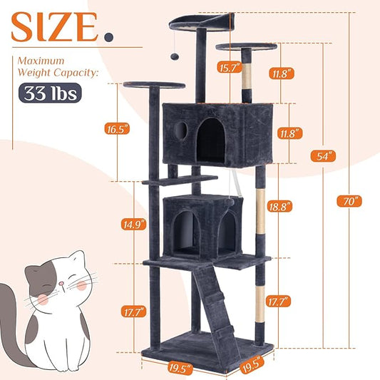 Large Cat Tree 70 Inch, Multi-Level Cat Tree Tower with Condo, Perches, Sisal Scratching Posts and Climbing Ladder, Pet Play House with Dangling Balls for Indoor Cats, Dark Grey