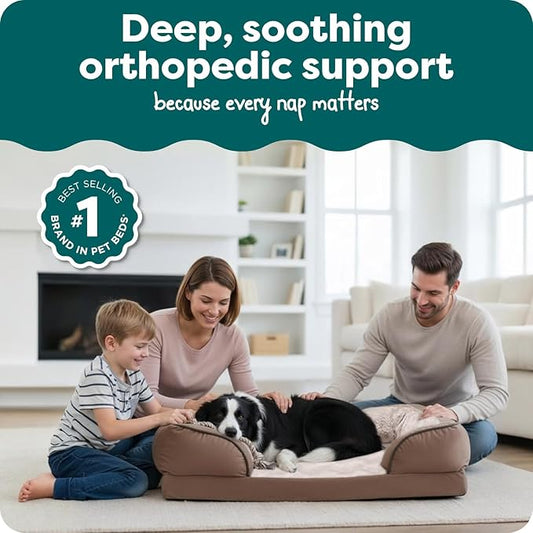 Furhaven Orthopedic Dog Bed for Large/Medium Dogs w/ Removable Bolsters & Washable Cover, For Dogs Up to 55 lbs - Plush & Velvet Waves Perfect Comfort Sofa - Brownstone, Large