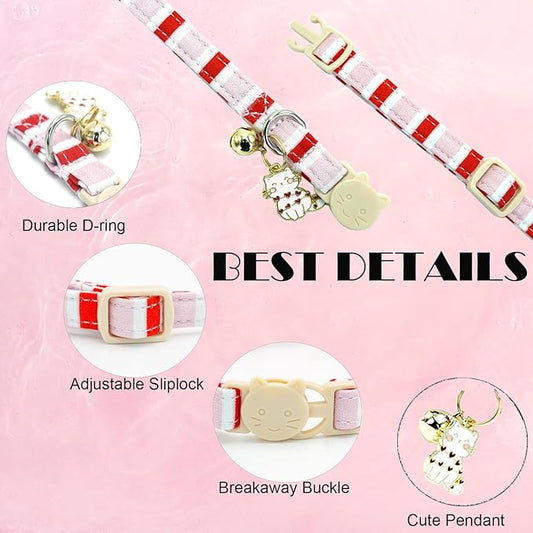 Elegant little tail 2 Pack Cat Collar-Pink Strip Cotton Breakaway Cat Collars with Bell Pendant Kitten Girl Cats Safety Adjustable Collar for Small Cats Puppy