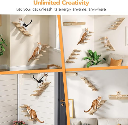 HOOBRO Cat Wall Shelves Set of 2, Wood Wall Mounted 4-Level Cat Wall Steps, Cat Wall Climber Furniture, Cat Climbing Shelves with Jute Scratching Steps, for Cat Perches and Platforms, Nature NL42CS03