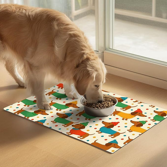 Cute Dachshund Dogs Pet Food Mat Spill-Proof Pet Feeding Mat for Food and Water Bowl Pets Placemat Easy Clean Fast Dry Area Mat for Cats Kittens & Small Dogs 24" x 16"