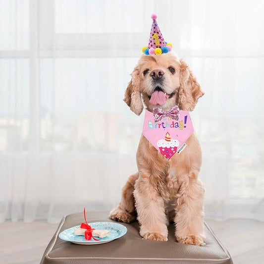 ADOGGYGO Dog Birthday Bandana Scarf and Puppy Girl Birthday Party Hat with Cute Bow Tie for Small Dog Cat (Small)