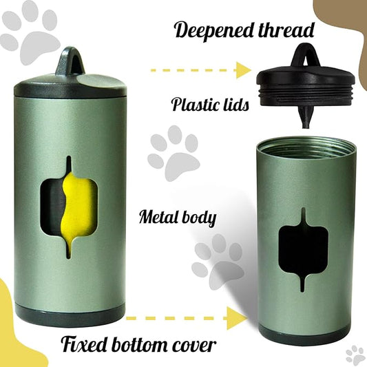 Metal Dog Poop Bag Holder w/Leash Clip|Durable Scratch-Resistant Aluminum|135 Bags+3 Accessories(Dark Green)