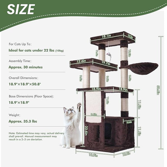 Cat Tree, 50.31-Inch Cat Tower for Indoor Cats, Cat House with Padded Platform Bed, Toy Mouse Ball, Large Cozy Condo, Hammocks and Sisal Scratching Posts for Kittens Play, Brown