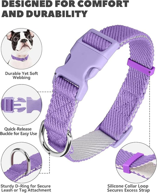 Dynmeow Soft and Breathable Cotton Dog Collar, Durable Adjustable Female Girl Pet Collar with Quick-Release Buckle, Lightweight for Sensitive Skin for Small and Medium Dogs, Purple, S