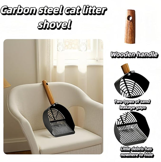 Chinshwehaw Premium Stainless Steel Cat Litter Scoop-Triple Guard Walls&Non-Stick Design,Silver,Flat Shovel Head Design Solid Deep Edge Wood Handle,Dual Hooks 1Pack,6.1x5.3inch (Black Long Strip)
