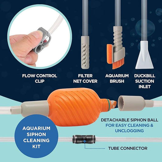 Aquarium Siphon Vacuum & Water Changer Kit with Multi-Head Attachments | Includes Gravel Cleaner, Debris Filter, Brush and Sponge for Effortless Cleaning & Water Changes | Ideal for Tanks Up to 10 Gal