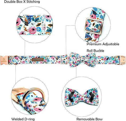 Lionheart glory Dog Collar Bow Collar Floral Dog Collar with Bow Tie Spring Summer Cute Collar Dog Boy or Girl Dog Collars Soft Durable Adjustable Dog Collars for Small Dogs