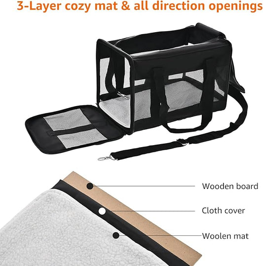 Amazon Basics Airline Approved Soft-Sided Mesh Pet Travel Carrier with Shoulder Strap, Removable Washable Fleece Pad, Top Opening, Ventilation for Dog, Cat, up to 22 pounds, 19.7Lx12Wx12H in., Black