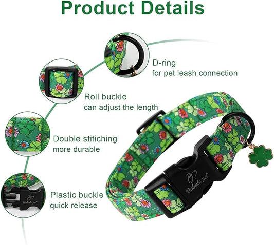 St Patricks Day Dog Collar for Giant Large Dogs - Lucky Flower Shamrock Green Dog Collars, Cute Irish Clover Puppy Collar with Quick Release Buckle for Girls&Boys Dogs XL