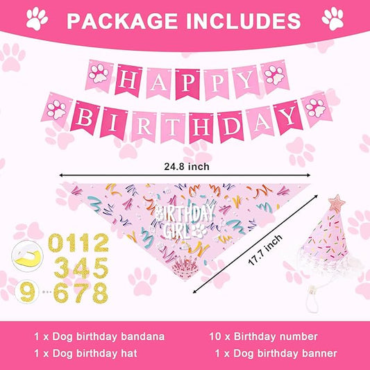 Dog Birthday Party Decorations, Adjustable Dog Bandana Set with Hat, Numbers, Banner for Pet Party Supplies Festive Accessories Large Medium Small Pet Puppy Dogs, Pink
