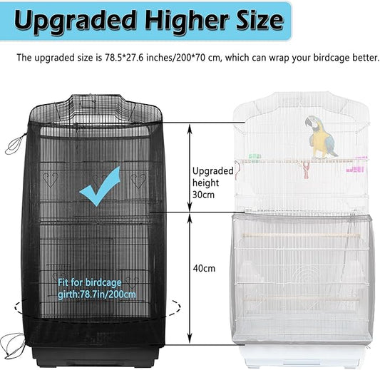 ASOCEA Large Bird Cage Seed Cather,Bird Cage Cover Adjustable Soft Airy Skirt Guard Birdcage Nylon Mesh Net for Parrot Parakeet Macaw African Round Square Cages Cover (78.5 * 27.6in-Black)