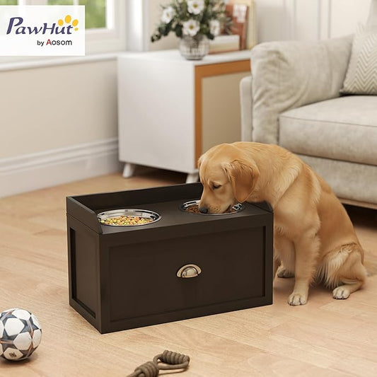 PawHut Dog Feeding Station with Storage Drawer, Dog Food Storage Cabinet with 2 Removable Elevated Pet Bowls for Large Sized Dogs, Coffee