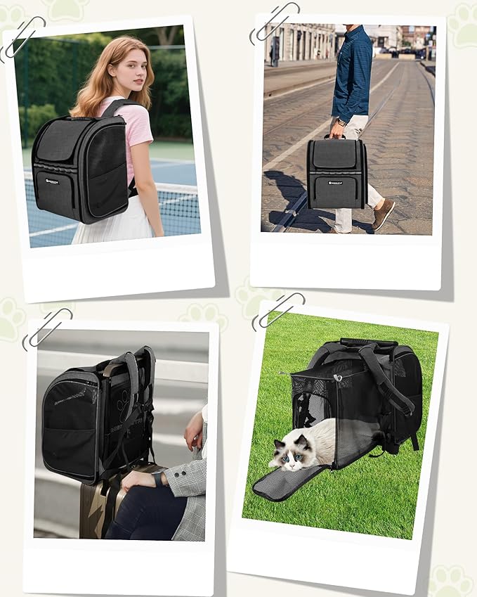 Expandable Cat Carrier Backpacks with Breathable Mesh, Pet Carrier Backpack for Cats Small Dogs Puppies Up to 20 Lbs, Dog Carrier Backpack Great for Travel/Hiking/Camping/Outdoor-Grey with Green