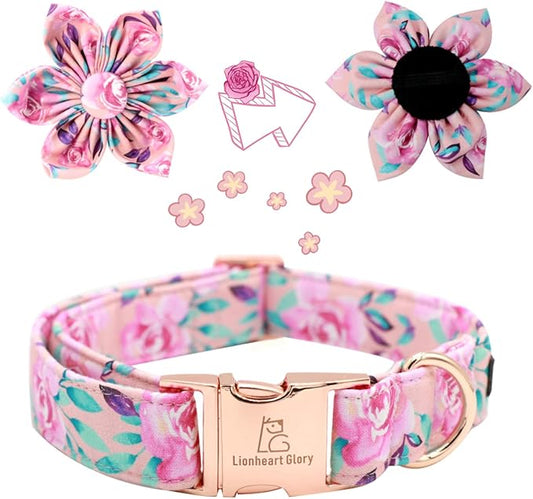 Lionheart Glory Dog Collar, Pink Dog Collar with Flower, Cute Floral Pattern Pet Collar Adjustable Dog Collar for X-Large Dogs