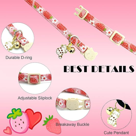 Elegant little tail 2 Pack Cat Collar-Pink Print Cotton Breakaway Cat Collars with Bell Pendant Kitten Boy Girl Safety Adjustable Collar for Small Cats Puppy