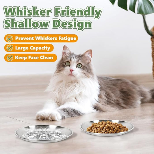 6-Pack Stainless Steel Cat Food Bowls, Shallow Whisker-Friendly Non-Slip Silicone Base Metal Dishes, Easy to Clean Indoor Feeding Flat Plates for Cat, Kitten, Small Dog (6.7")