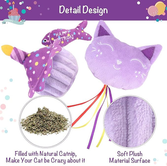 BINGPET Cat Birthday Catnip Toys for Indoor Cats, 5 Pcs Cat Birthday Gift Kitten Interactive Toys for Boy Girl Cats, Soft Plush Catmint Kitty Chew Kick Toy, Hat, Bandana, Balloon, Cake, Fish, Purple