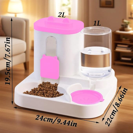 Gravity Cat Feeder and Water Dispenser, 2 in 1 Automatic Cat Feeder, 2 Pack Large Capacity Self Feeding for Small Medium Dog Puppy Kitten (Pink)