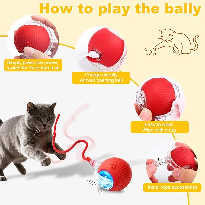 Interactive Cat Toys Ball for Indoor Cats&Dogs,Automatic Cat Toy 360° Auto-Rotation Smart Obstacle Avoidance,Includes 4 Cat Spiral Spring,Cat Enrichment Toys for Indoor Cats (Red)