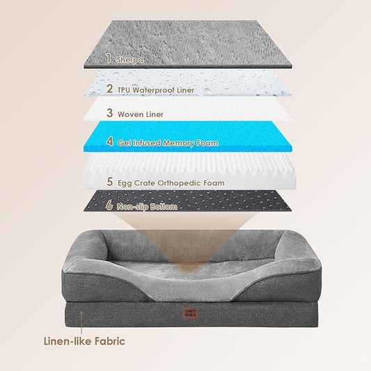 EHEYCIGA Orthopedic XL Dog Bed for Large Sized Dog, 48x35x7.5 Inch Extra Large Memory Foam Dog Couch Bed with Sides, Waterproof Liner & Washable Removable Cover, Bolster Pet Sofa, Grey
