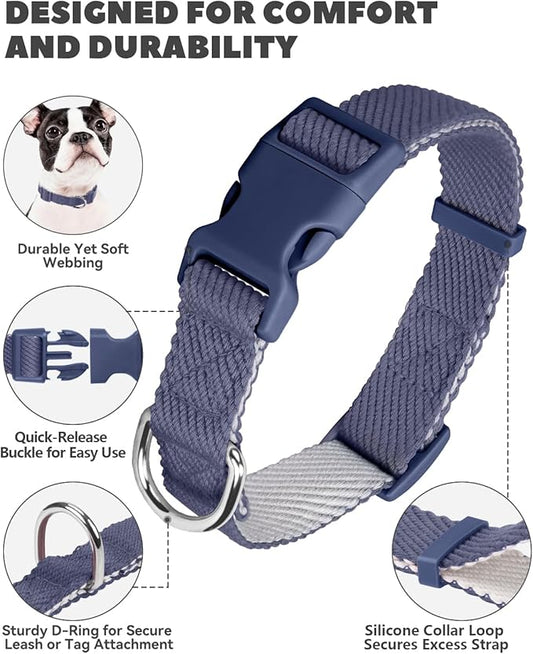 Dynmeow Soft and Breathable Cotton Dog Collar, Durable Adjustable Pet Collar with Quick-Release Buckle, Lightweight for Sensitive Skin for Puppies and Extra-Small Dogs, Navy-Blue, Xs
