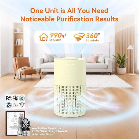 AIRROMI Air Purifier for Bedroom with HEPA Fet Filters, Pet Air Purifiers for Home Cat Pee Smell, Covers Up to 990Ft², Quiet 360° intake Air Cleaner for Allergies Dust Smoke Odor A2001 Yellow
