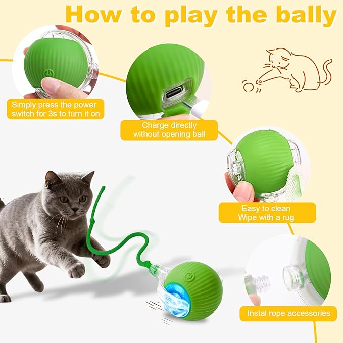 Interactive Cat Toys Ball for Indoor Cats&Dogs,Automatic Cat Toy 360° Auto-Rotation Smart Obstacle Avoidance,Includes 4 Cat Spiral Spring,Cat Enrichment Toys for Indoor Cats (Green1)