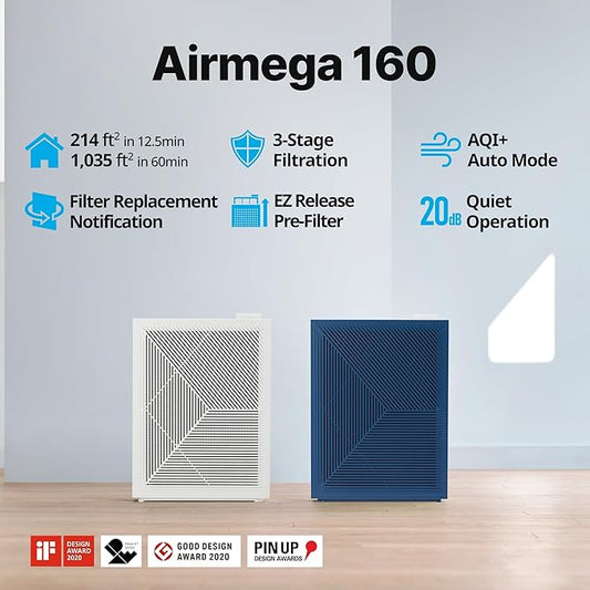COWAY Air Purifiers for Home Bedroom up to 1,035ft² with Washable Filter, Ordor Filter, & HEPA Filter for Smoke, Pollen, Dander, with Air Quality Monitor, Auto Mode, 3yr Warranty, 160, White