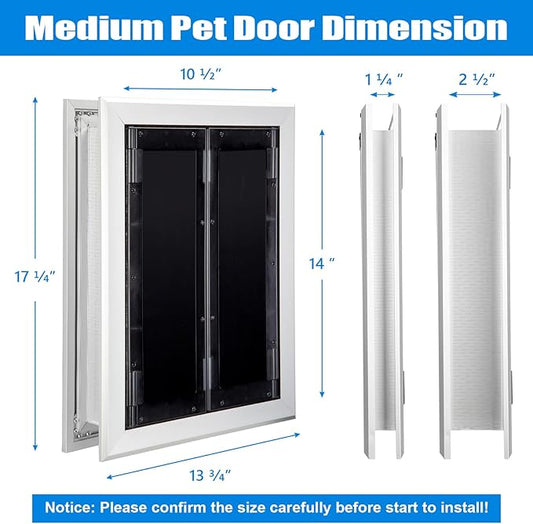 Aluminum Pet Door with Panels,Durable Dog Door with Automatic Closing Magnetic Flaps, Slide-in Panel & 4 Security Locks, Ideal for Interior and Exterior Doors, Screen and Wall, Medium, Sliver