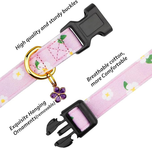 Cotton Handmade Dog Collar Cute and Distinctive Patterns Purple Flower with Pendant for Girl Boy Dogs Collars S