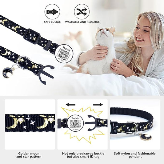 2PCS Breakaway Cat Collars with Moons Stars Cute Kitty Adjustable Safe Kitten Collars with Smart ID QR Code tag,Moon and Star Kitten Safety Collars for Boys & Girls(Black & Purple)