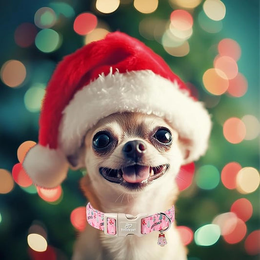 Christmas Dog Collar for Small Dogs - Cute Xmas Tree Print Pink Christmas Collars for Dogs, Soft Adjustable Winter Holiday Dog Collars with Quick Release Buckle S