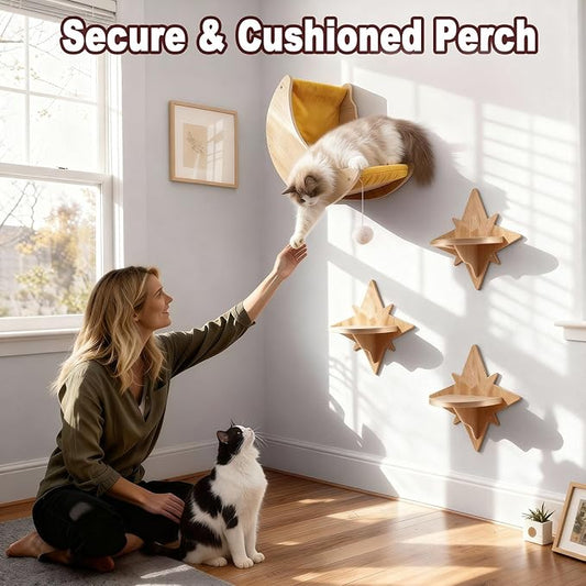 Cat Wall Shelves, Moon and Star Cat Wall Furniture for Indoor, Multi-Level Wooden Climbing Set with Cute Toys