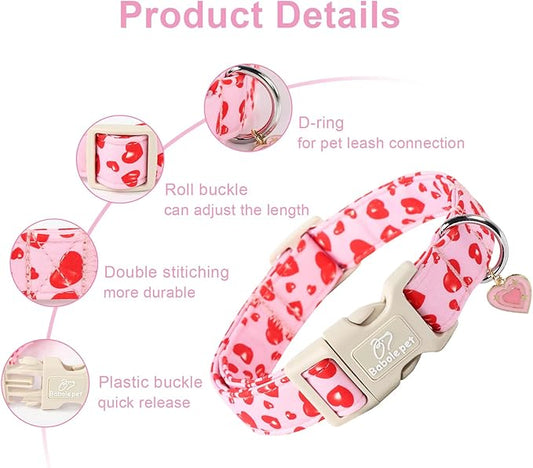 Valentines Dog Collar, Cute Pink Dog Collar with Red Heart Printed, Comfortable Girl Puppy Collar with Quick Release Plastic Buckle, Large