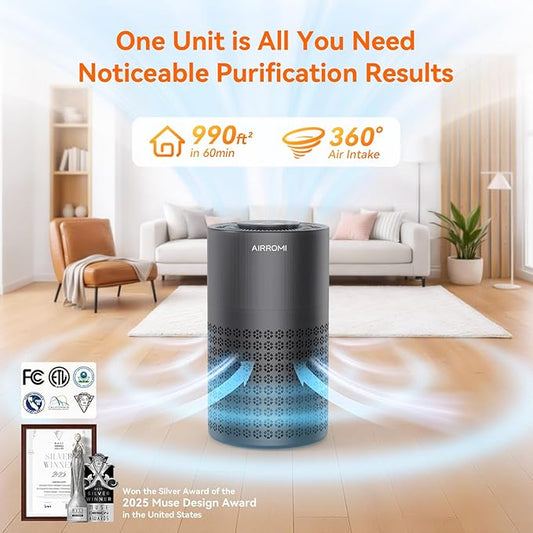 AIRROMI Air Purifier for Bedroom with HEPA 3-in-1 Filter, Pet Air Purifier for Home Cat Pee Smell, Covers Upto 990 Ft², Quiet 360°intake Air Cleaner for pet hair,allergies,Dust,Smoke A2001 Black