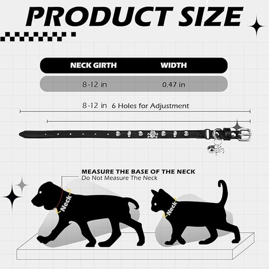 EXPAWLORER Cat Collar for Girl Boy Cats- Adjustable Leather Pet Collar with Safety Elastic Belt,Personalized Punk Accessories Buckle Collars with Bell & Durable D-Ring, Rivet (Black)