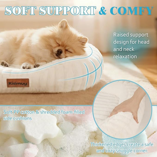 Dog Bed for Small & Medium Dogs – Calming Furry Puppy Bed with Washable Removable Cover, Anti-Slip Bottom & Orthopedic Support Foam, Rectangle Pet Cuddler for Indoor Cats/Dogs, 25"x21"x4", Cream