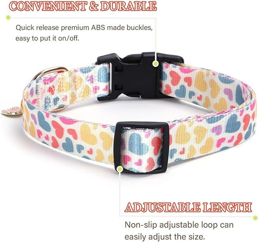 Love Pattern Dog Collar with Buckle Adjustable Safety Nylon Collars for Small Medium Large Dogs, Cute Stylish Girl Boy Christmas Dog Collar(White Heart,L)