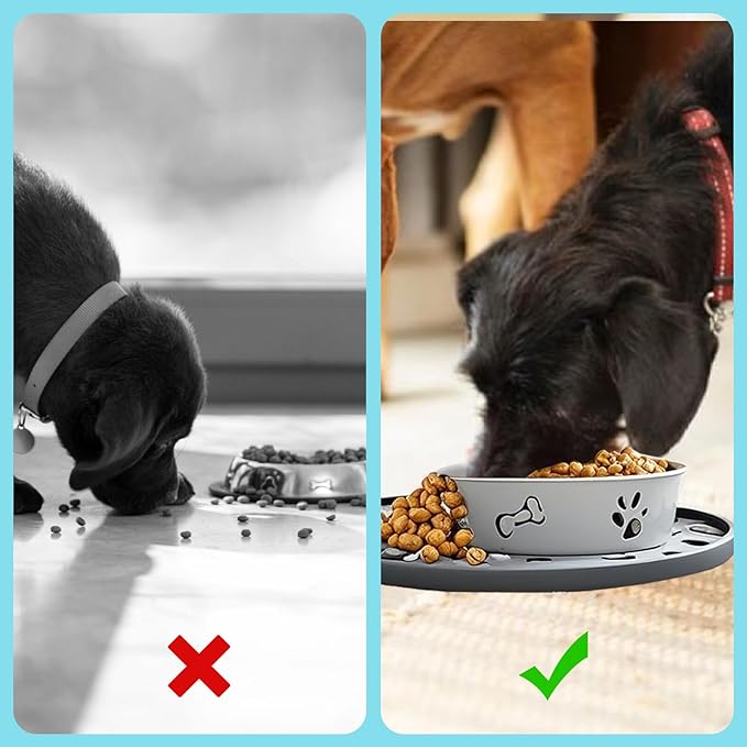 Silicone Dog Food Mat,Silicone Pet Food Mat Cat,Rubber for Dog Bowls Mats for Food and Water Bowl Feeding Round Paw Print(1 Pcs,Gray)