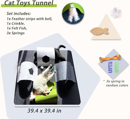 Interactive Cat Tunnel Toys for Indoor Cats,4-Way Felt Cat Tunnel Play Mat with Feathers & Bell 6 Pcs Cats Enrichment Toys Set Foldable Kittens Cave Hideout for Pet Hide & Seek (Dark Gray)