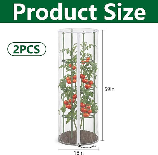 2 Pcs Garden Bird Netting for Round Plant Cage, 59" x 18" Tomato Cage Garden Net Cover with Zipper, Tomato Trellis Insect Bird Barrier Protection Mesh for Vertical Climbing Plants Vegetables Fruits