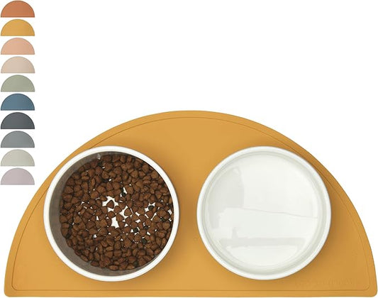 Should We Go - Waterproof Silicone Pet Food Mat - Non-Slip, Spill-Proof Feeding Mat for Floors, Raised Edge Design, Easy-to-Clean Rubber Pad for Dog & Cat Bowls, 21" Across x 10.5" Deep, Medium-Honey