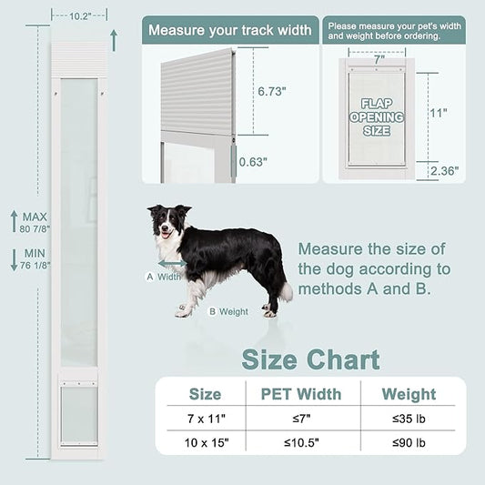 Doggie Door Insert for Sliding Glass Doors, Adjustable Height 76 1/8"-80 7/8" Aluminum Frame Tempered Glass with Lock, 7"x11" Medium Transparent Flap for Large Dogs
